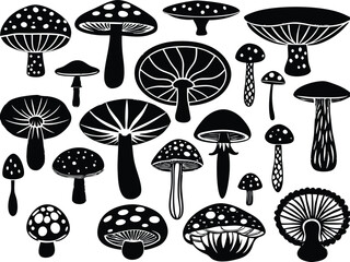 Collection of various black silhouette mushrooms with detailed gills and caps isolated on transparent background