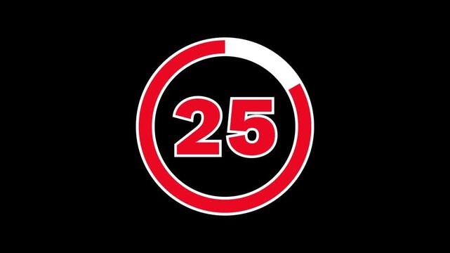 Bold outlined red 30-second countdown with a white progress ring on a black background. The progress ring decreases as seconds pass, with thick numbers indicating the time. 4K Motion Graphic