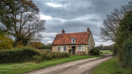 Charming Stone House by the Road with a Red Roof and Lush Greenery, Under Gloomy Clouds in the Countryside