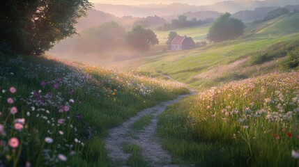 Serene landscape with soft hills, blooming flowers, and a cozy cottage under a gentle sunrise glow, inviting exploration.