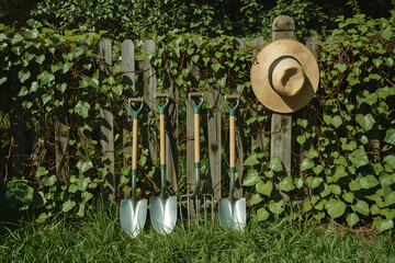 Garden tools and a straw hat rest against a sunlit vine-covered fence.
