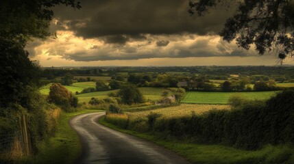 Winding Road Through Lush Green Fields Under Dark Skies
