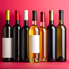 Row of wine bottles on a pink background