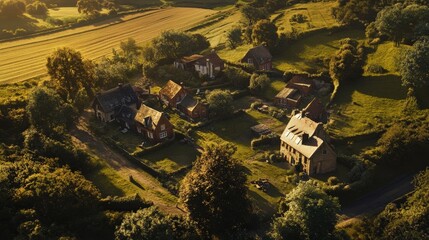 Aerial view of peaceful countryside with charming houses and green landscapes. Nature and tranquility collide in this serene setting.