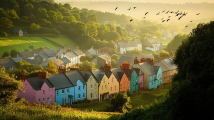 Colorful Houses on a Hill with Green Landscape and Birds in the Sky