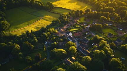 Aerial View of a Serene Village Surrounded by Lush Green Fields at Sunset