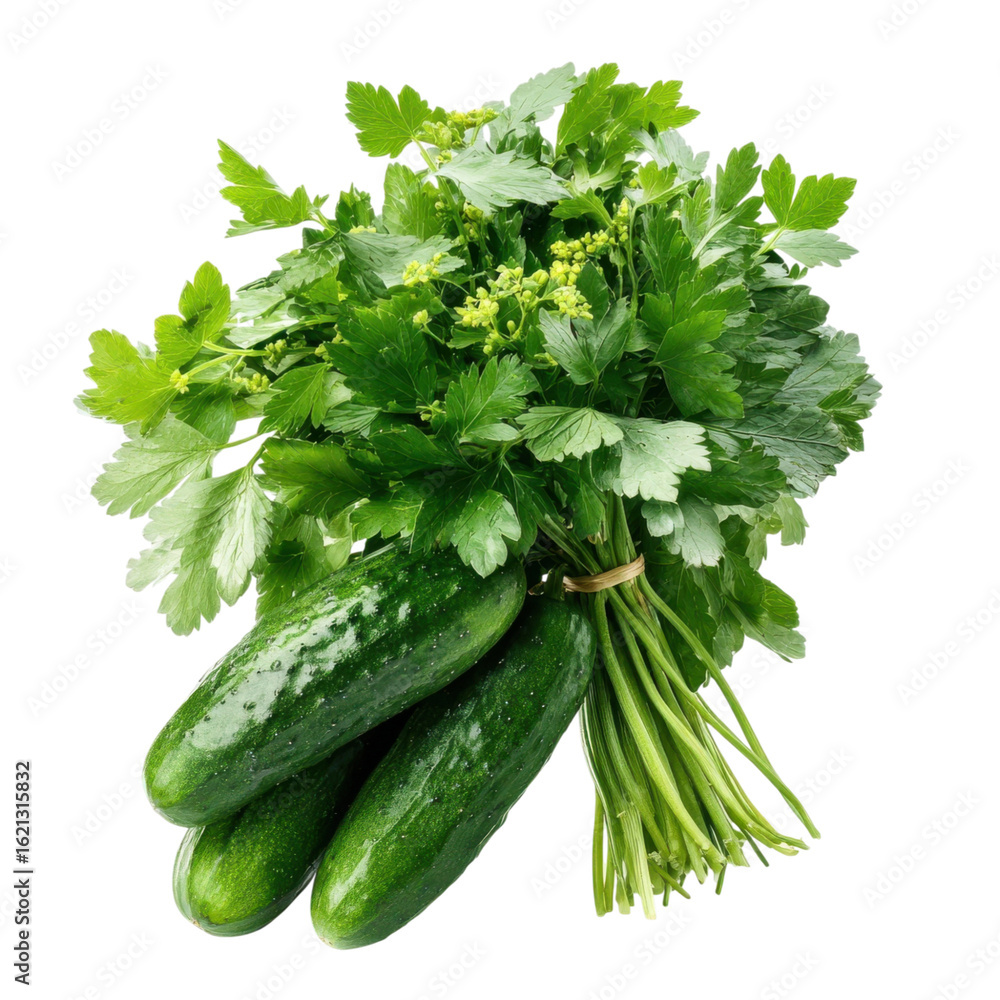 Poster bunch of parsley and cucumbers isolated on transparent or white background. a high resolution png im
