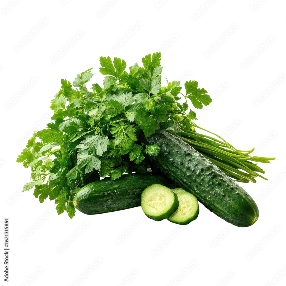 Poster bunch of parsley and cucumbers isolated on transparent or white background. a high resolution png im