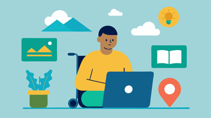 Fototapeta premium Accessible Blogging A traveler with a mobility impairment typing on a laptop equipped with voice recognition software sharing their adventures on a blog with travel photos