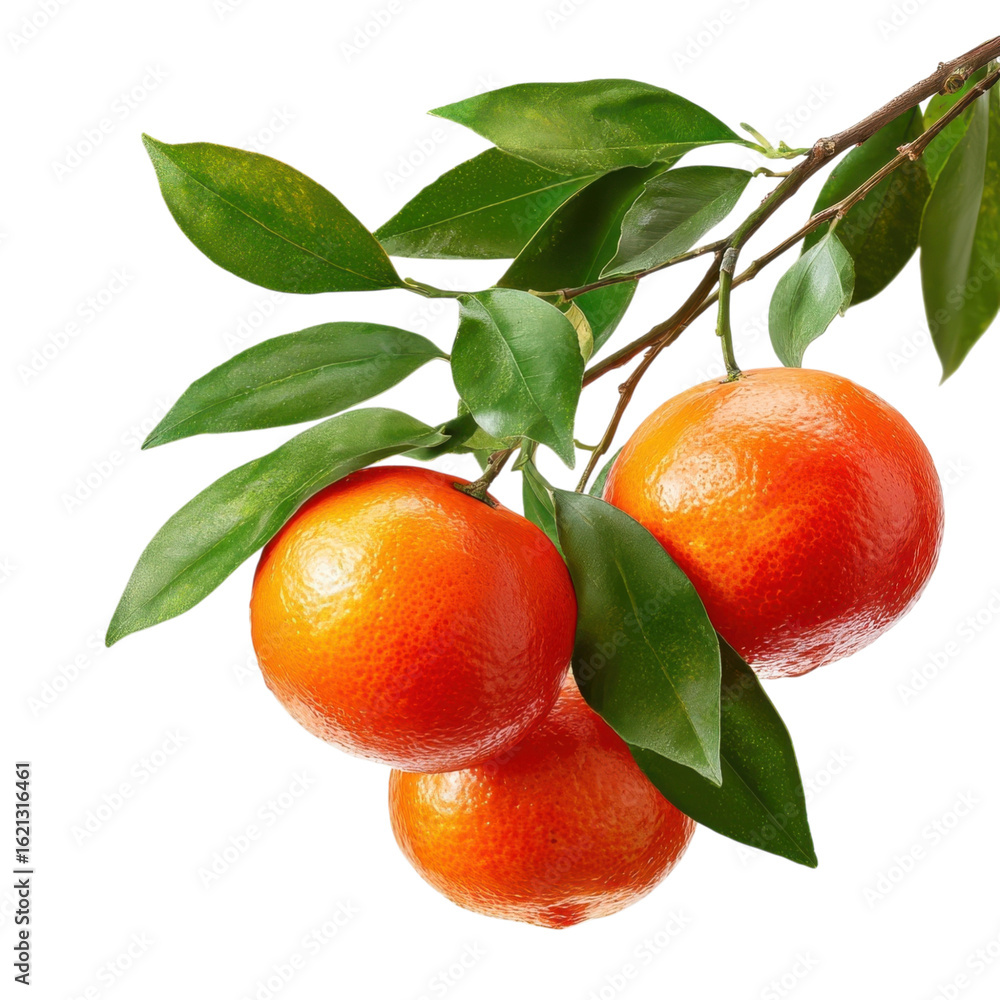 Poster oranges fruit on a branch with leaves isolated on transparent or white background. a high resolution