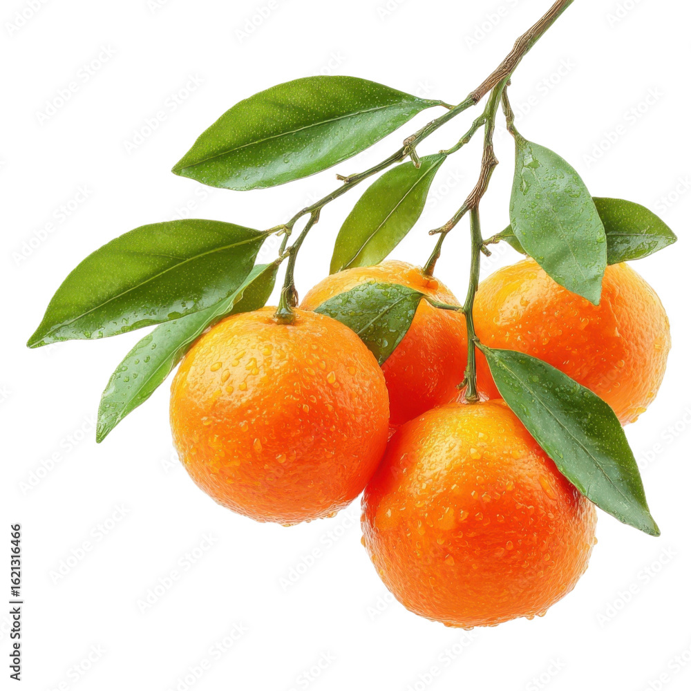Poster oranges fruit on a branch with leaves isolated on transparent or white background. a high resolution