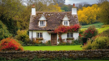 Charming cottage nestled in a vibrant autumn landscape with colorful trees and blooming flowers surrounding it beautifully.