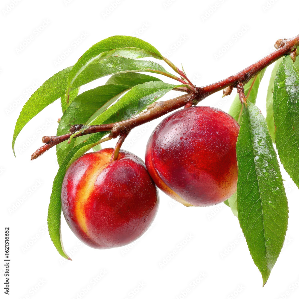 Poster nectarines fruit on a branch with leaves isolated on transparent or white background. a high resolut
