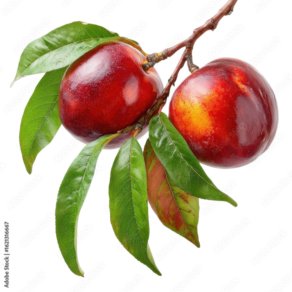 Poster nectarines fruit on a branch with leaves isolated on transparent or white background. a high resolut