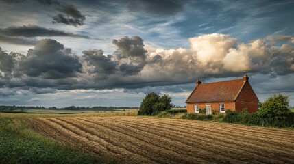 A quiet farmhouse sits near a lush field under a dramatic sky filled with clouds. Nature surrounds this peaceful rural scene.
