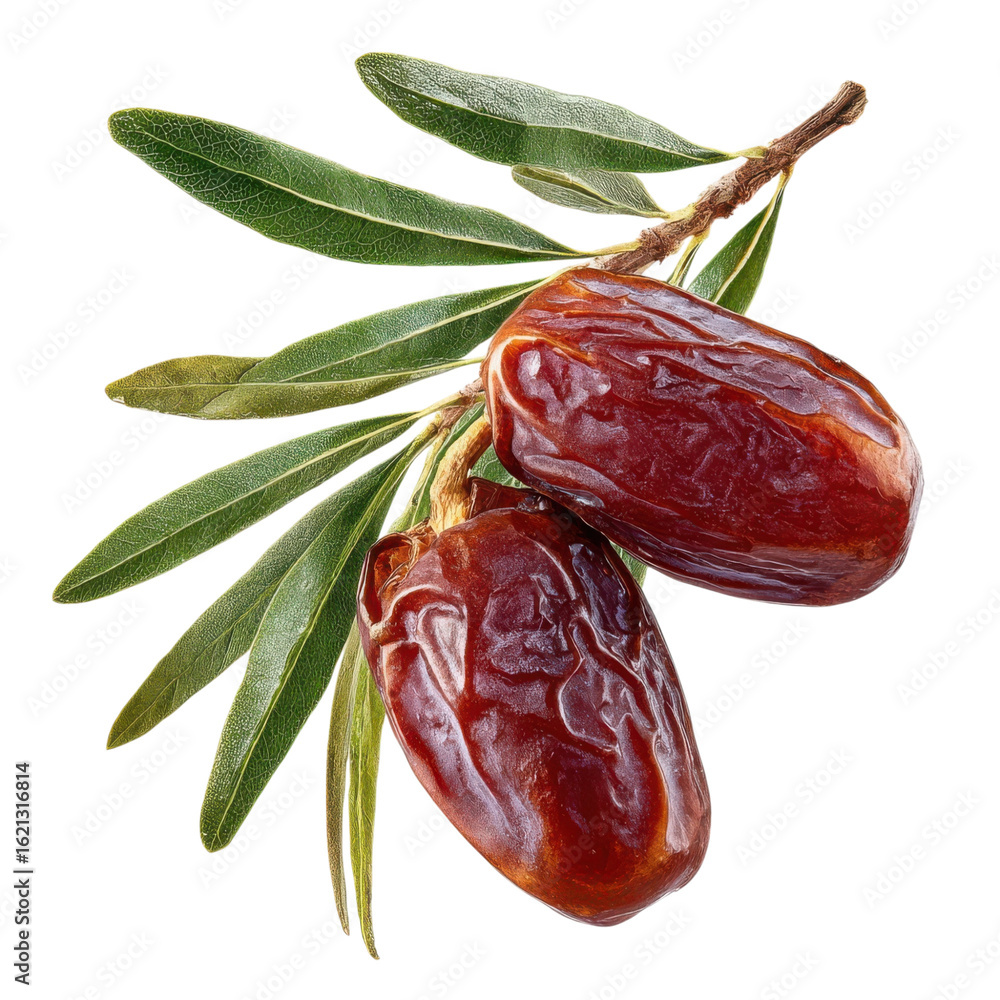 Poster dates fruit on a branch with leaves isolated on transparent or white background. a high resolution p