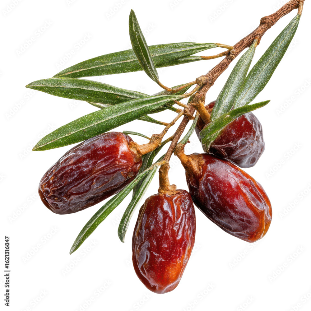 Poster dates fruit on a branch with leaves isolated on transparent or white background. a high resolution p