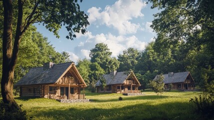 Peaceful countryside landscape with cozy wooden houses surrounded by lush trees and a bright blue sky.