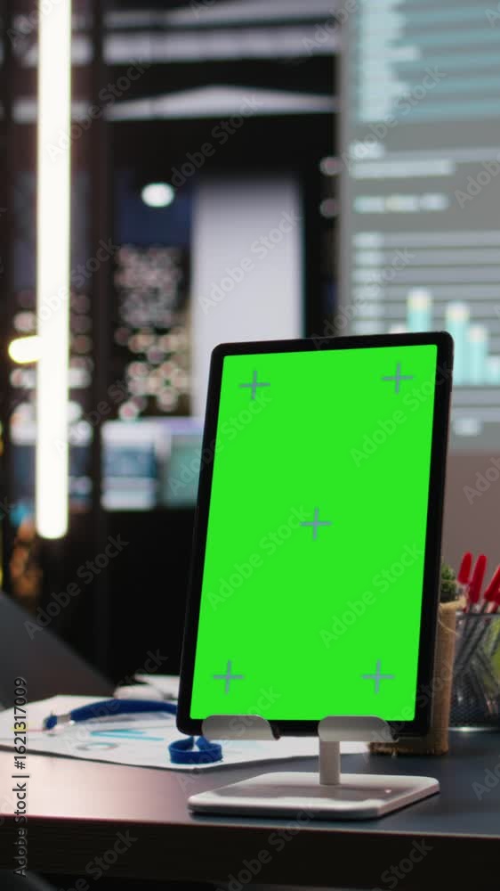 Poster vertical video modern empty boardroom with copy space on tablet and data charts on projections, comp