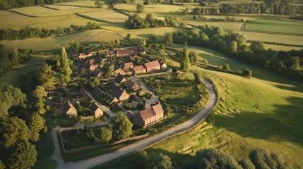 Aerial view of a peaceful village surrounded by lush green fields and trees on a sunny day, showcasing stunning rural beauty.
