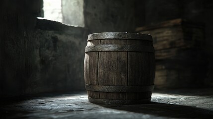 A rustic wooden barrel sits on a stone floor, illuminated by soft light from a nearby window in an old, forgotten room.