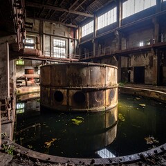 Rusty industrial machinery in a sunlit abandoned factory
