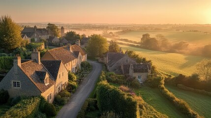 Aerial view of a charming village at sunrise with misty fields and homes. A peaceful scene in the countryside.
