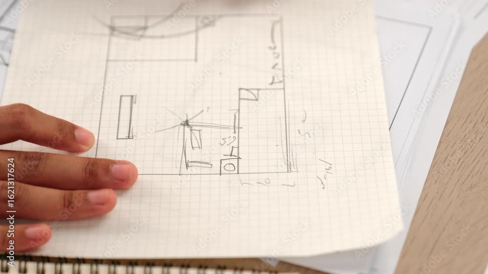 Aufkleber video of clever architect or smart engineer using measurement and writing tool designing a detail on