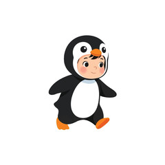 Cartoon child wearing a penguin costume, walking, cheerful expression.