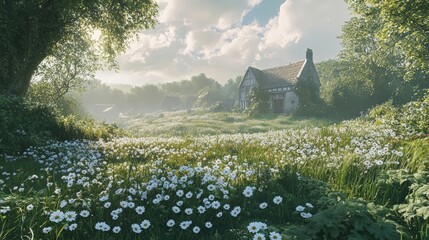A serene countryside scene with a quaint house surrounded by blooming daisies and lush greenery in soft morning light.