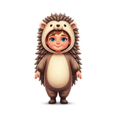 Adorable toddler in a charming hedgehog costume, standing against a white background.
