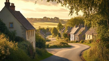 A scenic village road lined with charming houses and lush greenery under a warm sunset sky.