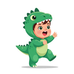 A cheerful toddler joyfully walks in a green dinosaur costume.