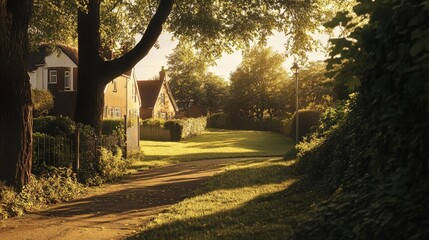 Serene Pathway in a Sunlit Village Surrounded by Trees and Greenery