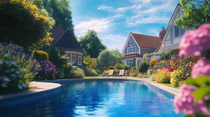 Beautiful Backyard Pool Surrounded by Colorful Flowers and Lush Greenery