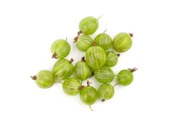Fresh green gooseberries scattered on a white background, showcasing their round shape and textured skin, ideal for culinary use and healthy eating inspiration