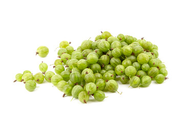 Fresh green gooseberries piled together on a clean white background, showcasing their vibrant color and natural texture, perfect for culinary or health-related projects