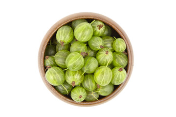 Fresh green gooseberries are arranged in a rustic brown bowl, showcasing their vibrant color and unique texture, perfect for culinary use or healthy eating inspiration