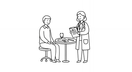 Monochrome Doctor Consulting with Patient Drawing of Doctor in White Coat Holding Clipboard and Stethoscope Discussing Health with Patient in Sweater by Round Table with Pills Medical