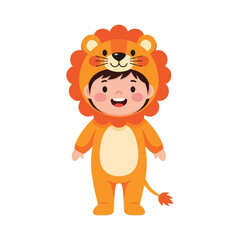 Obraz premium A smiling child is wearing a full-body lion costume with a hood and tail.