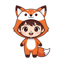 Cute cartoon boy dressed in a fox costume, smiling happily.