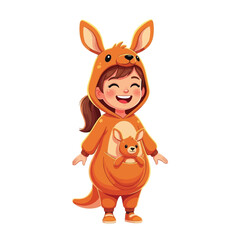 A joyful little girl smiles while wearing an adorable kangaroo costume, complete with a joey pouch.