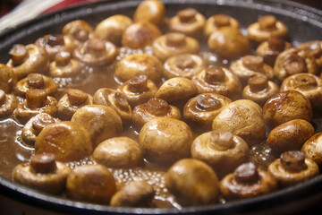 Fresh mushrooms simmering in a pot, surrounded by bubbling broth, showcasing a rich texture and earthy tones, creating a warm and inviting culinary atmosphere