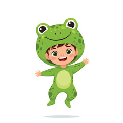 A cheerful child wearing a frog costume, jumping happily with arms outstretched.
