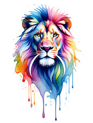This image is a vibrant, stylized watercolor painting of a lion's head