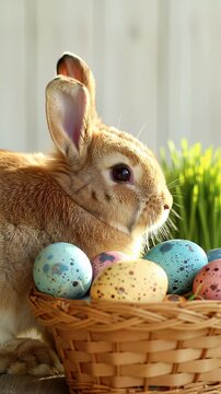 Charming Easter Scene Fluffy European Rabbit near Woven Basket Brimming with Colorful Speckled Eggs Under Soft Lighting Beside Fresh Green Grass Celebrating Seasonal Spring Holidays and Family