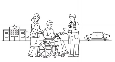 Obraz premium Monochrome Illustration of Doctor Nurse Assisting Patient in Wheelchair Near Hospital Building and Car, Featuring Hand Drawn Sketch Line Art Style Clean Vector Design Medical Concept