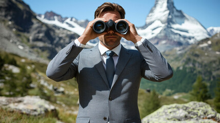 Businessman stands on mountaintop, using binoculars to survey breathtaking landscape. scene captures blend of professionalism and adventure, showcasing determination and exploration