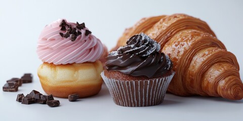 A delightful assortment of pastries, including cupcakes and croissants, each boasting chocolate decorations.