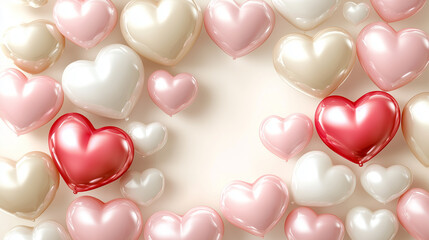 Beautiful hearts in various shades of pink, red, and white create charming and romantic background, perfect for expressing love and affection. glossy finish adds playful touch to scene